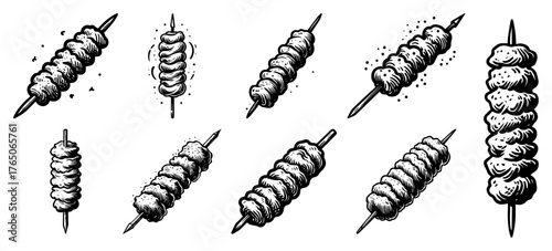 Sugar‑coated candied fruit skewer (tanghulu) collection – traditional street snack drawn in detailed monochrome ink