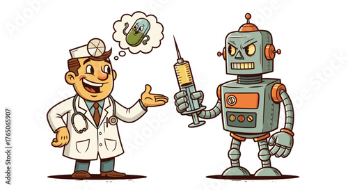 Doctor talking to robot holding syringe with bacteria thought bubble  