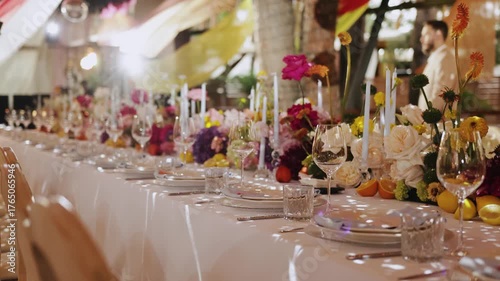 Elegant long dining table at a wedding in a restaurant, festive decor with candles and beautiful flowers. Event decor, decorated tables, table setting.