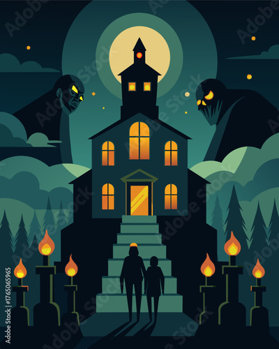 A gloomy asylum the flickering gaslights creating illusions of shapeless figures lurking in the darkness.. Vector illustration