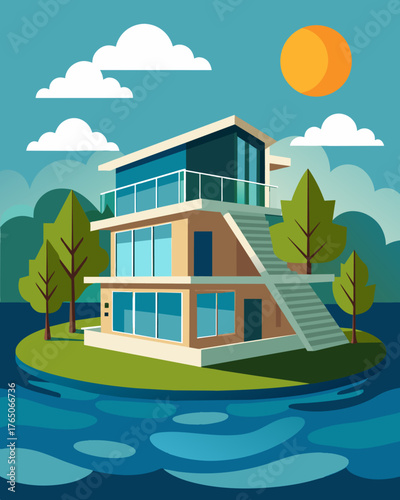 A modern multistory floating home featuring expansive windows to maximize natural light and solar energy bobbing gently on the surface of a wide river.. Vector illustration