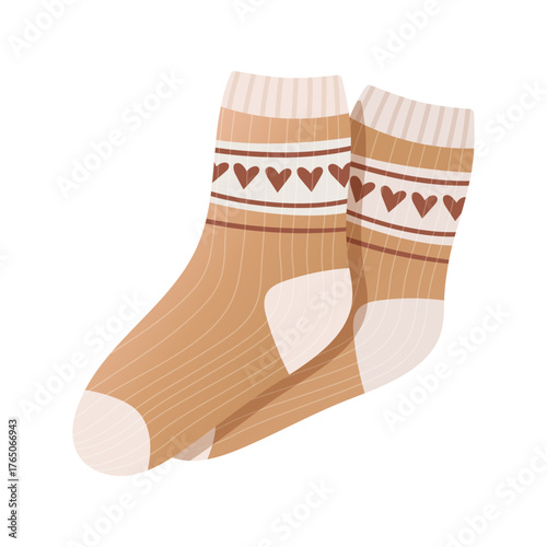 Vector illustration of a pair of light brown cozy socks isolated on a white background. Warm winter clothing accessory fashion and home apparel design.