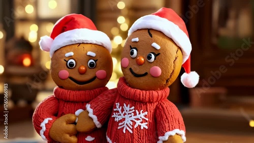 Happy gingerbread man and female celebrating xmas at home
