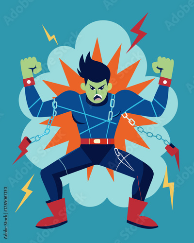 A graphic novel depicting a character battling against external cages and internal emotional barriers.. Vector illustration