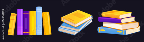 Vector cartoon collection with books in different colors isolated on dark purple background.