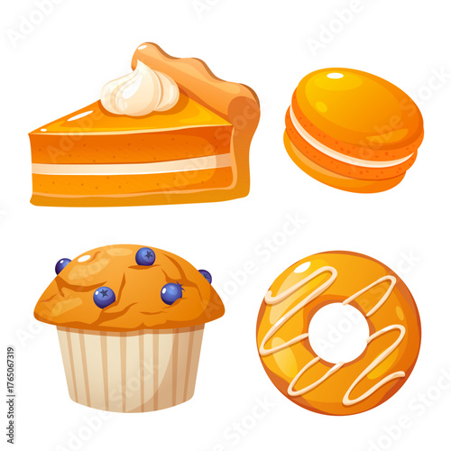 Cartoon vector illustration of autumn sweets including a slice of pumpkin pie with whipped cream, orange macaron, blueberry muffin and donut isolated on a white background.