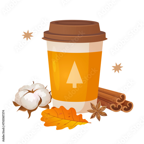 Cozy autumn illustration of pumpkin spice latte in a paper cup, surrounded by dry cotton flower, fall leaf, star anise and cinnamon sticks isolated on a white background. 