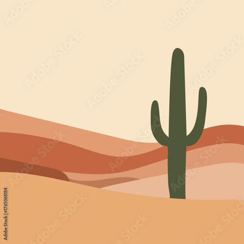 Stylized Desert Landscape vector illustration Green Cactus with Layered Orange and Red Hills Sand Dunes Under Pale Sky for Nature, Travel, and Minimalist Design Themes