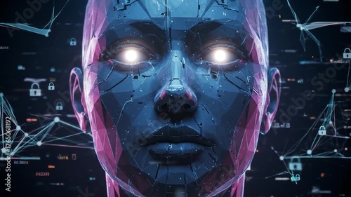 Close-up of a polygonal, glowing-eyed robotic head with digital security symbols
