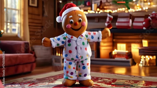 Gingerbread man wearing pyjamas dancing home xmas season