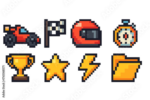 Racing, motorsport pixel art icon set. Retro, game icons in pixel style collection