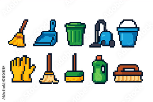 Cleaning and housework icon set: classic pixel art style for home chores