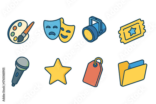 Creative arts and entertainment icon set. Flat style and colorful icons collection