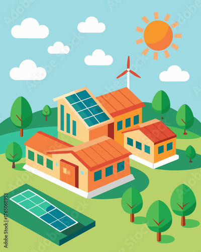 A school district with solar panels installed on the roofs of multiple school buildings not only reducing energy costs but also serving as an educational tool for students to learn. Vector