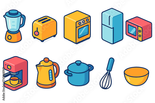 Kitchen appliances icon set. Vibrant 3d icons for cooking and homeware needs.
