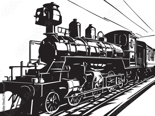 Vintage steam train silhouette on white background. Vintage steam locomotive train illustration. 