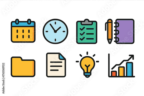 Business and productivity flat icon set. Time management, organization icons collection.