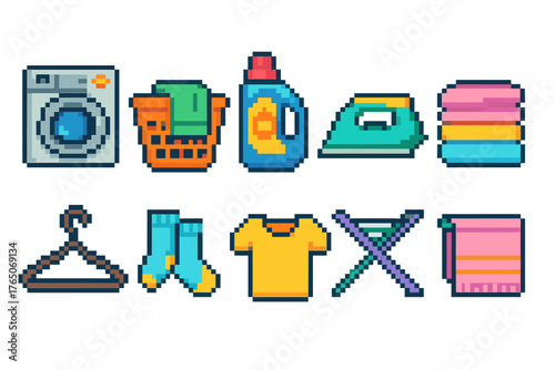 “Laundry and clothing icon set. Pixel art style essentials for home and laundry”