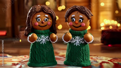 Two gingerbread friends wearing  green sweater celebrating  xmas