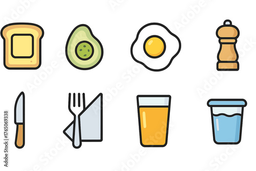 Breakfast flat icon set. Food and kitchen essentials flat graphic collection