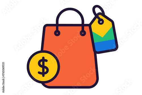 Shopping bag with dollar sign and price tag in modern flat design quickly