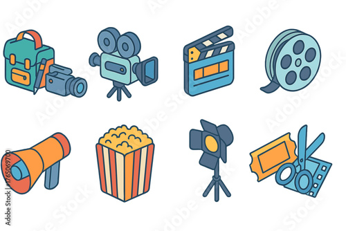 Cinema and film 3d icon set. Movie production, filmmaking 3d icons collection.