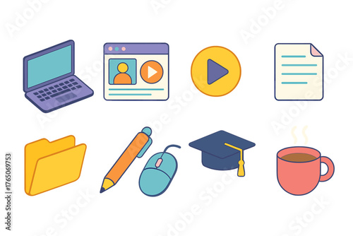 Education and learning flat icon set. School, technology, online study icons collection
