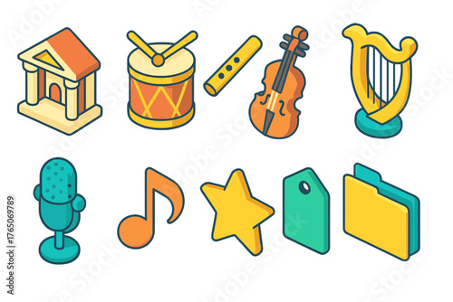 Music and art icon set. Explore flat designs of instruments and creative symbols