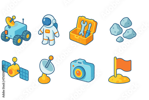 Space exploration flat icon set. Astronaut, satellite, tools flat icons collection