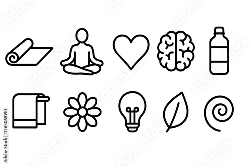 Wellness and mindfulness line icon set. Yoga, meditation, and health outline collection.
