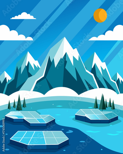 A pristine glacial lake surrounded by snowcapped mountains with several floating solar arrays installed to provide clean energy for nearby towns and villages.. Vector illustration