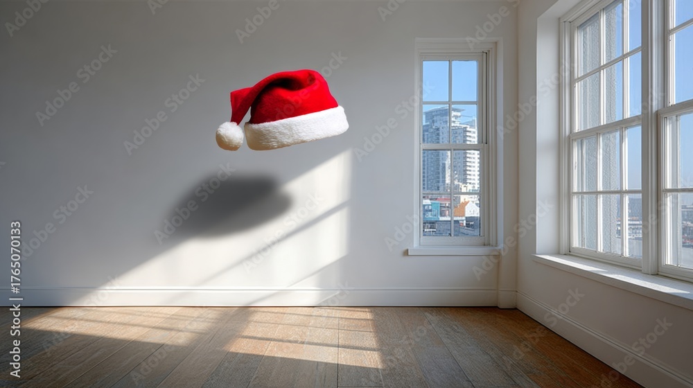 Fototapeta premium Red hat is floating in the air above a white room with a window. The hat is the only object in the room, and it is floating in mid-air