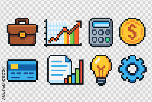 Business and finance icon set. Pixel-art style icons for financial and office use.