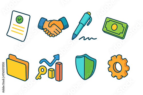 Business and finance icon set. Line illustrations for contracts, finance, security.