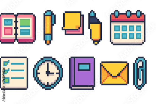 Pixel art office icon set. Calendar, notebook, stationery tools in pixel art style