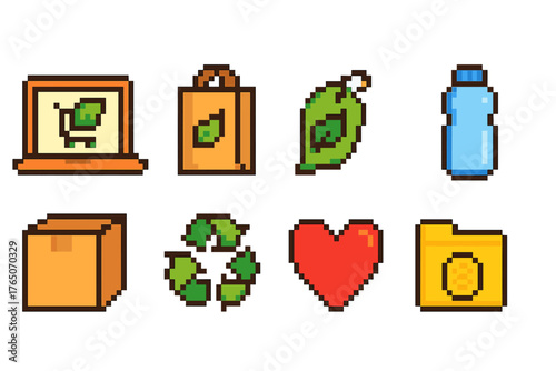 Eco-friendly, sustainability pixel icon set. Green, environmentally conscious icons collection