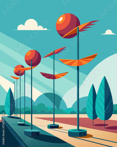 A modern outdoor gallery featuring a stunning collection of solarpowered kinetic sculptures that move and sway with the gentle breeze.. Vector illustration