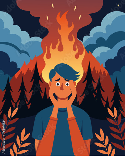 A forest fire of pessimism consuming a person leaving them suffocating in the smoke.. Vector illustration