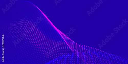 An abstract colorful wave of glowing dots that creates the illusion of moving waves on a dark background. The visualization resembles a dynamic vector 3D wave that combines technology, art of the futu