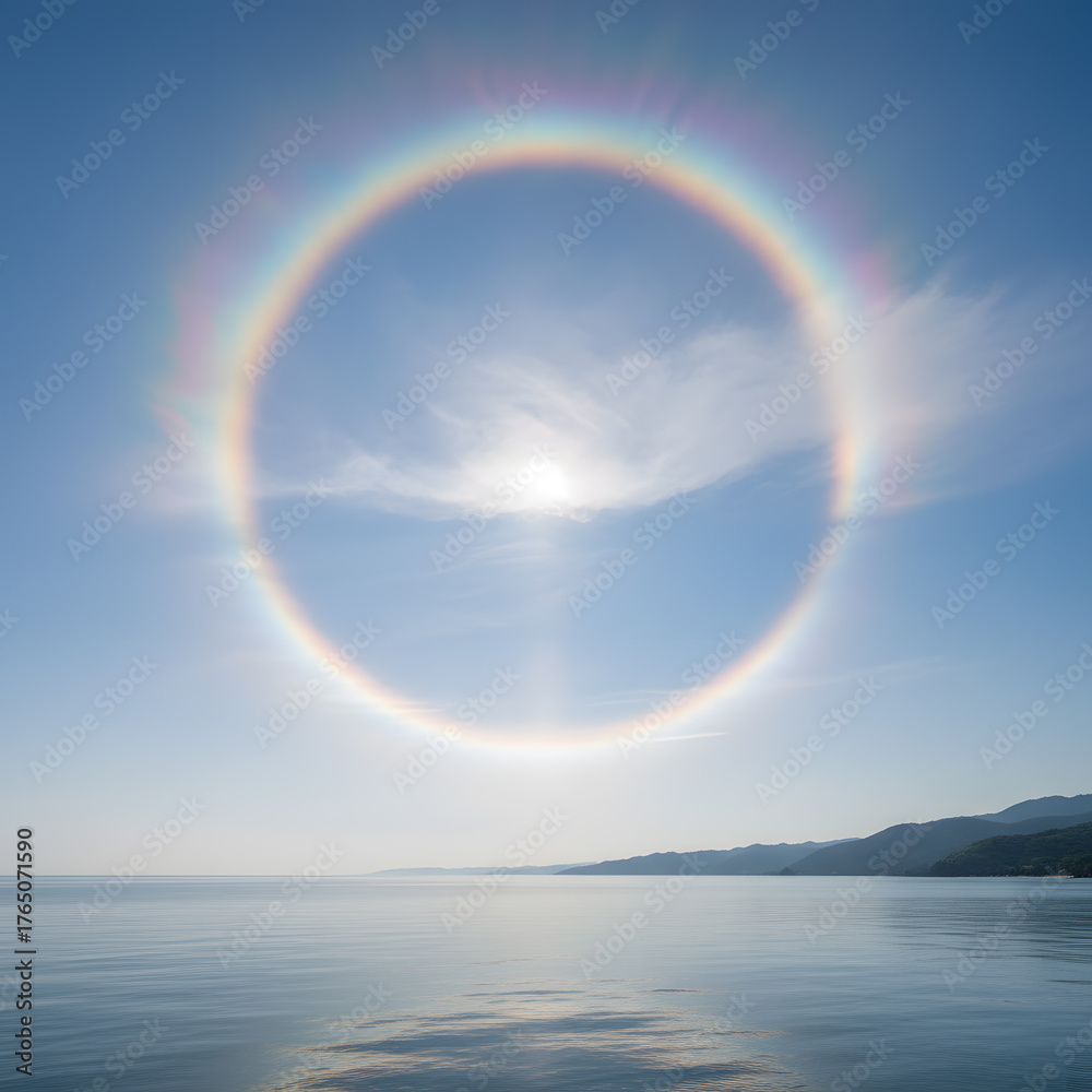 Fototapeta premium Full solar halo ring rainbow over a calm ocean and distant mountains