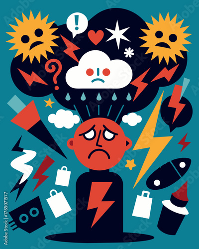 A chaotic mix of negative phrases and symbols compete for attention creating a overwhelming sense of distress.. Vector illustration