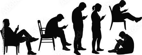 Black and white silhouette illustration of people sitting and standing, engrossed in smartphones, modern technology addiction, digital lifestyle, social isolation