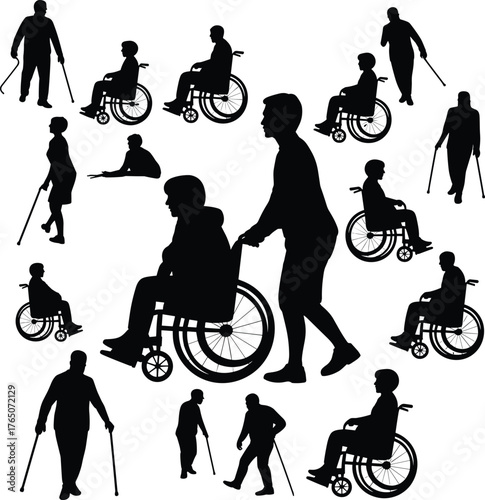 Accessibility, disability, wheelchair, cane, mobility aid, inclusive society, healthcare, rehabilitation, support, caregiving, independence, diversity, silhouette, people, community, equality, 