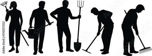 Silhouette gardeners working with tools, farming, watering, digging, raking, hoeing, agriculture, teamwork, outdoor lifestyle, horticulture, landscaping, cultivation, soil preparation, planting