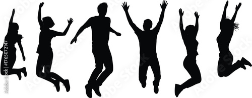 Group silhouette people jumping celebration, happy friends teamwork success, energetic youth lifestyle freedom, joyful motion dance party fun outdoors concept