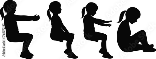 Child silhouette squat exercise illustration, fitness training movement, workout posture sequence, healthy lifestyle activity, sport activity, gym practice, vector design