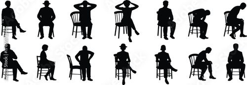 Silhouettes of diverse people sitting on chairs in various poses, body language, posture study, ergonomic design, artistic reference, psychology