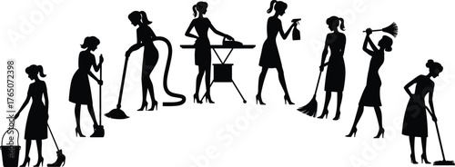 Black and white silhouette women cleaning, housework chores, vacuuming, sweeping, mopping, ironing, dusting, scrubbing, domestic tasks, vintage retro illustration