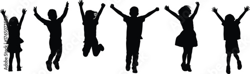Children silhouettes jumping, kids playing outdoors, joyful childhood moments, happy group activity, energetic lifestyle, freedom expression, teamwork, fun celebration, youth happiness