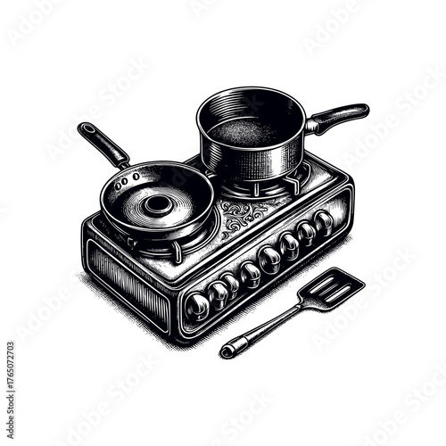 black and white hand-drawn stove and pan